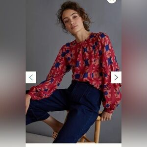 Anthropologie Banjanan Margot Blouse red pink blue block print size XS